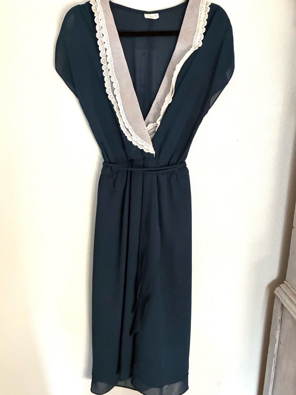 Vintage Navy Lace Trim Midi Dress UK12 Blue Cream Tie Waist Romantic Cottagecore